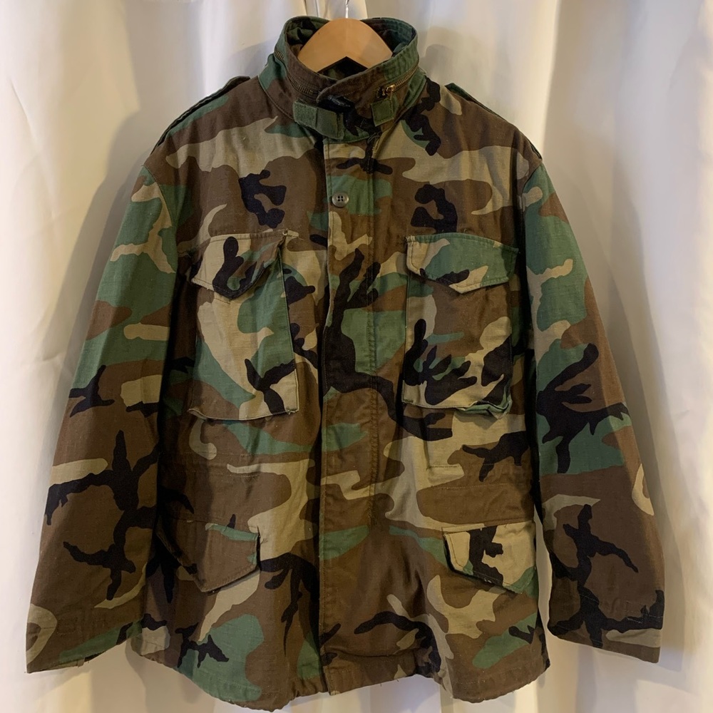 US ARMY Field Coat Jacket Cold Weather Medium Short Camo Hood Heavy Cotton
